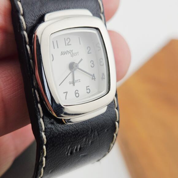 Awny Sport Silver Tone Cuff Style Watch Black Faux Leather Wide Band Model 8660 - Picture 3 of 6